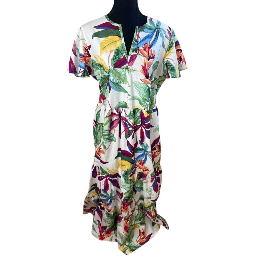 CHICO'S 2 Women 12 Maxi Dress Resort Tropical Floral Tiered 100% Pima Cotton